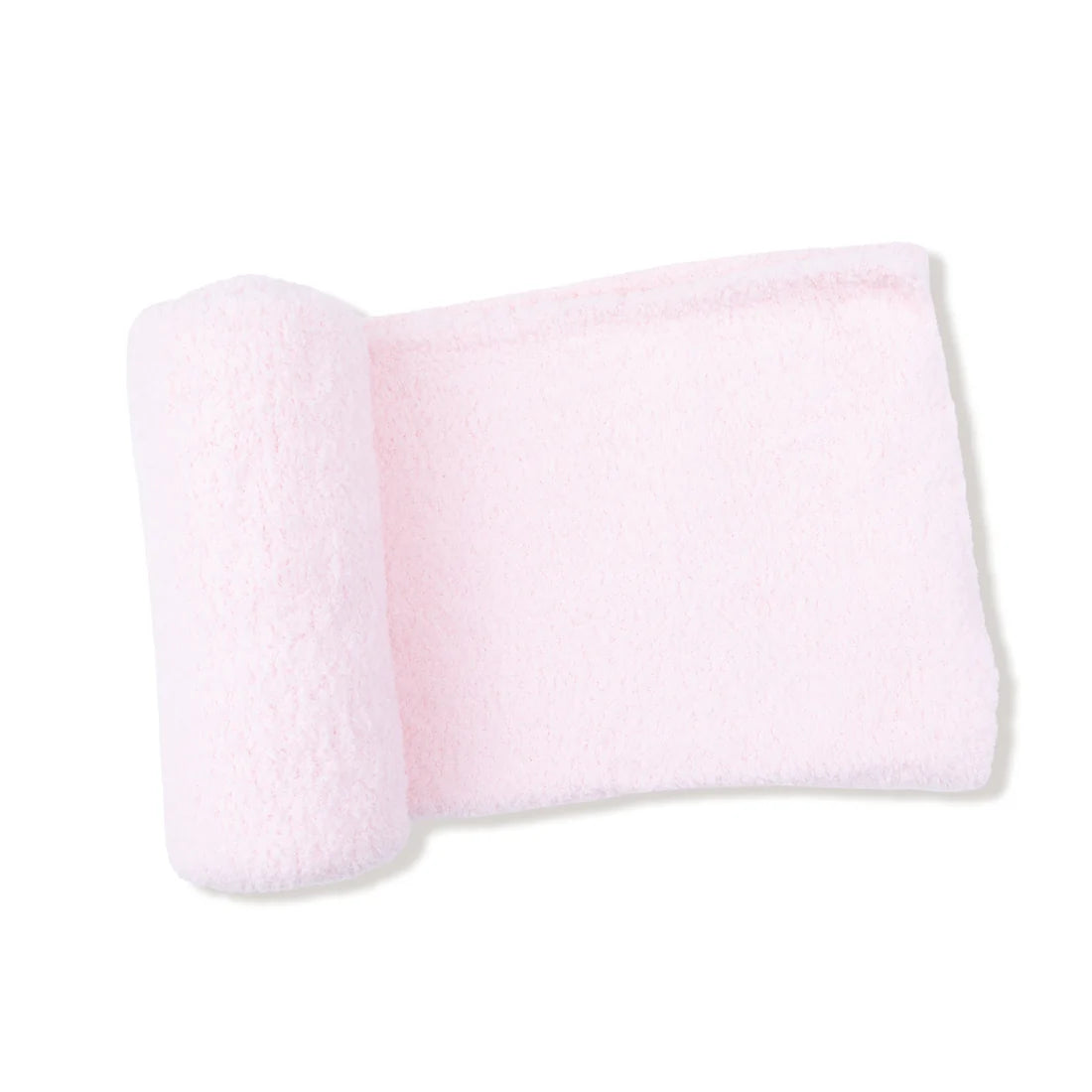 Angel Dear soft pink chenille baby blanket rolled at one end on a white background