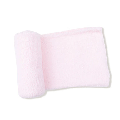 Angel Dear soft pink chenille baby blanket rolled at one end on a white background