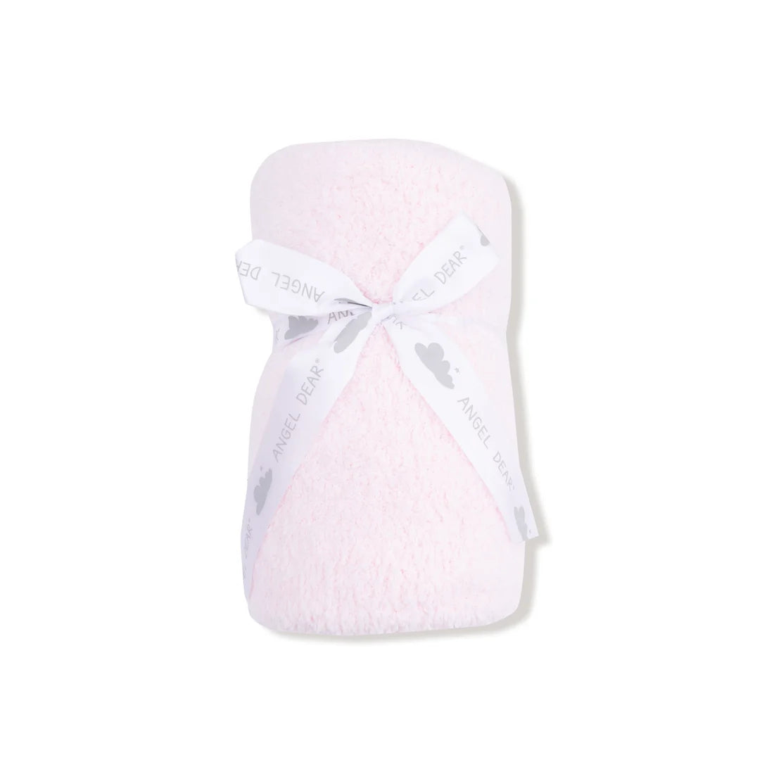 Soft pink chenille baby blanket rolled and tied with an Angel Dear ribbon on a white background for cozy snuggles stroller rides and naps