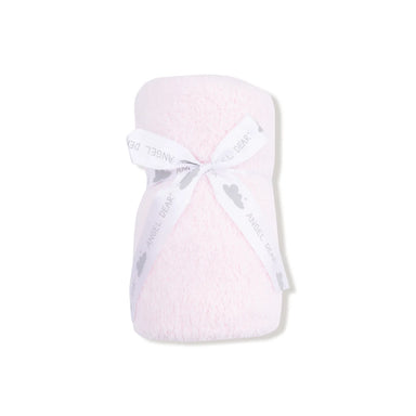 Soft pink chenille baby blanket rolled and tied with an Angel Dear ribbon on a white background for cozy snuggles stroller rides and naps