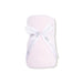 Soft pink chenille baby blanket rolled and tied with an Angel Dear ribbon on a white background for cozy snuggles stroller rides and naps