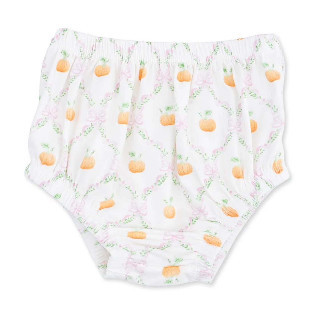White baby bloomers with a repeating pattern of orange pumpkins, green vines, and light pink bows, shown flat on a white background.