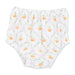 White baby bloomers with a repeating pattern of orange pumpkins, green vines, and light pink bows, shown flat on a white background.