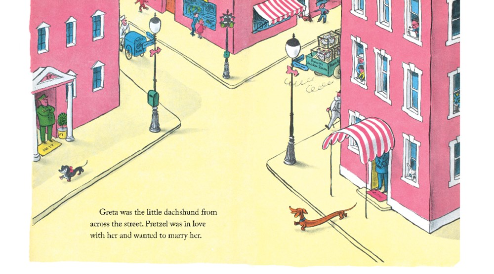 Illustration of a quaint street scene with pink buildings and a dachshund.
