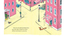 Illustration of a quaint street scene with pink buildings and a dachshund.