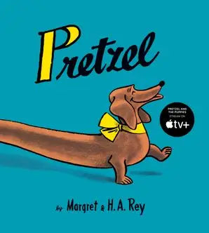 Book cover of 'Pretzel' with a cartoon dachshund and blue background