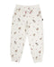 A pair of cream-colored jogger pants with an all-over print of horses and small hearts, featuring a drawstring waist and elastic cuffs.