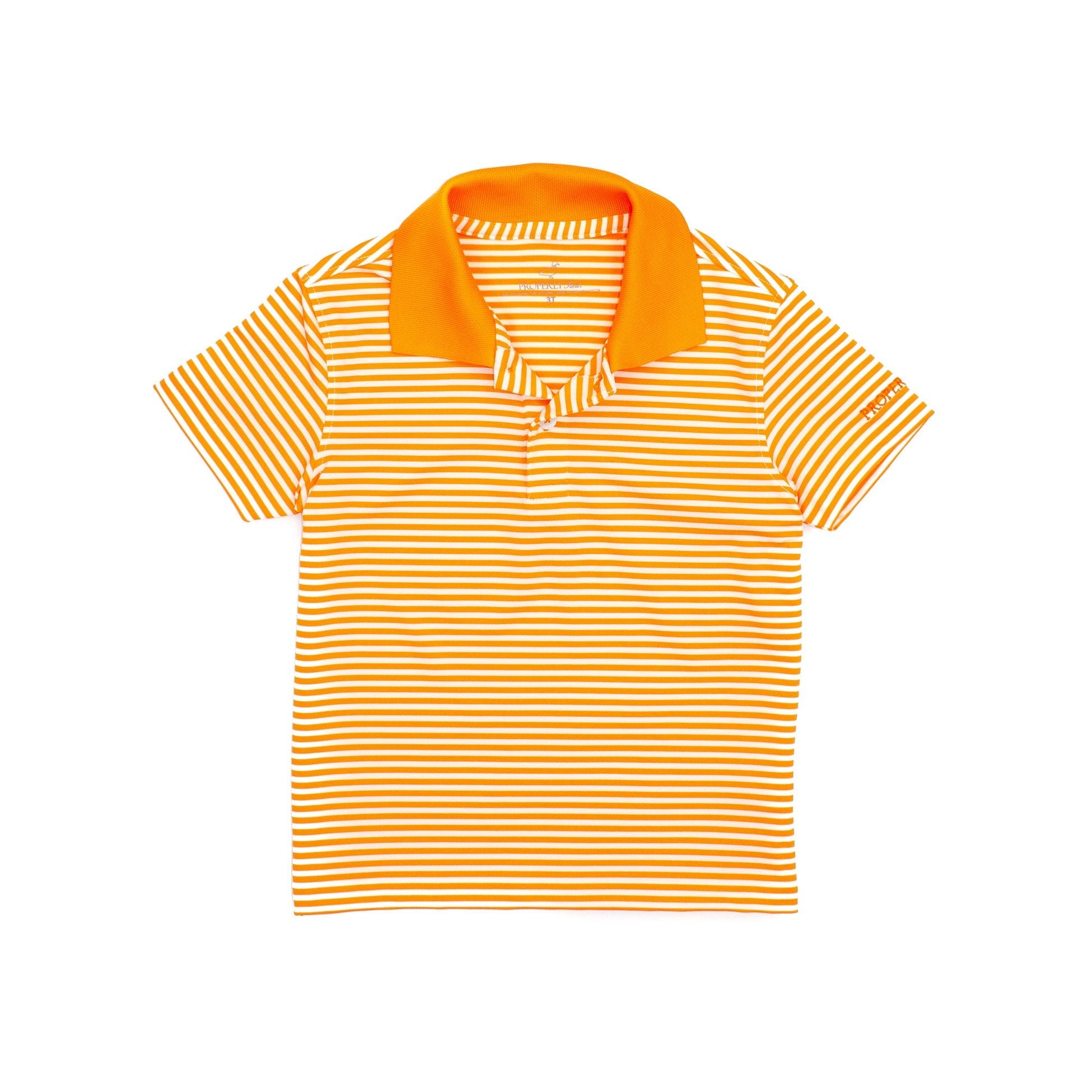 short sleeve polo with orange and white stripes and orange collar
