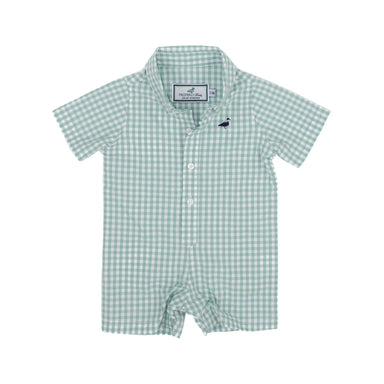 short sleeve collared button down in white and green plaid