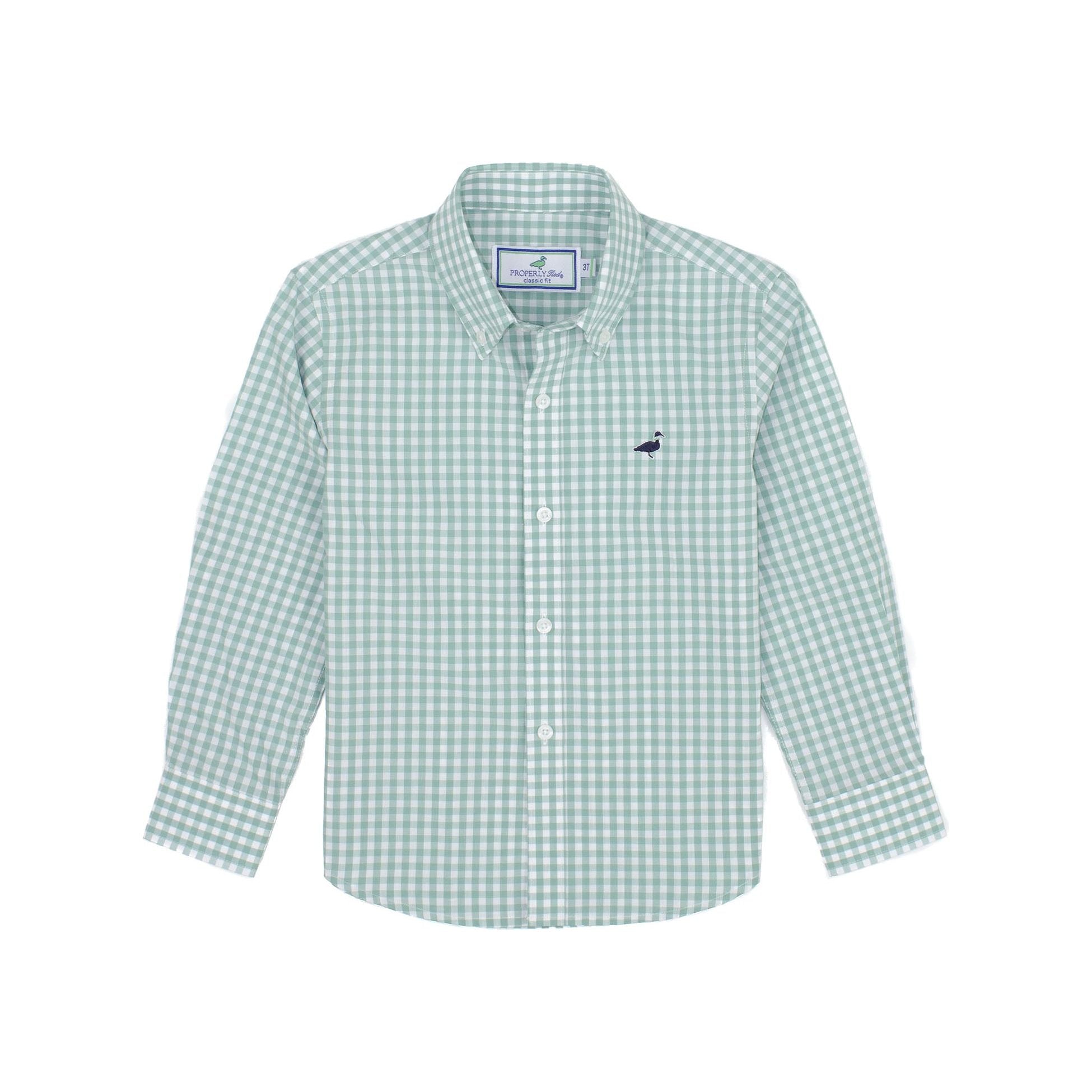 green and white plaid button up sportshirt with blue mallard logo on left chest 