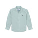 green and white plaid button up sportshirt with blue mallard logo on left chest 