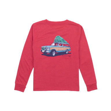 long sleeve red tee with christmas tree on top of car graphic