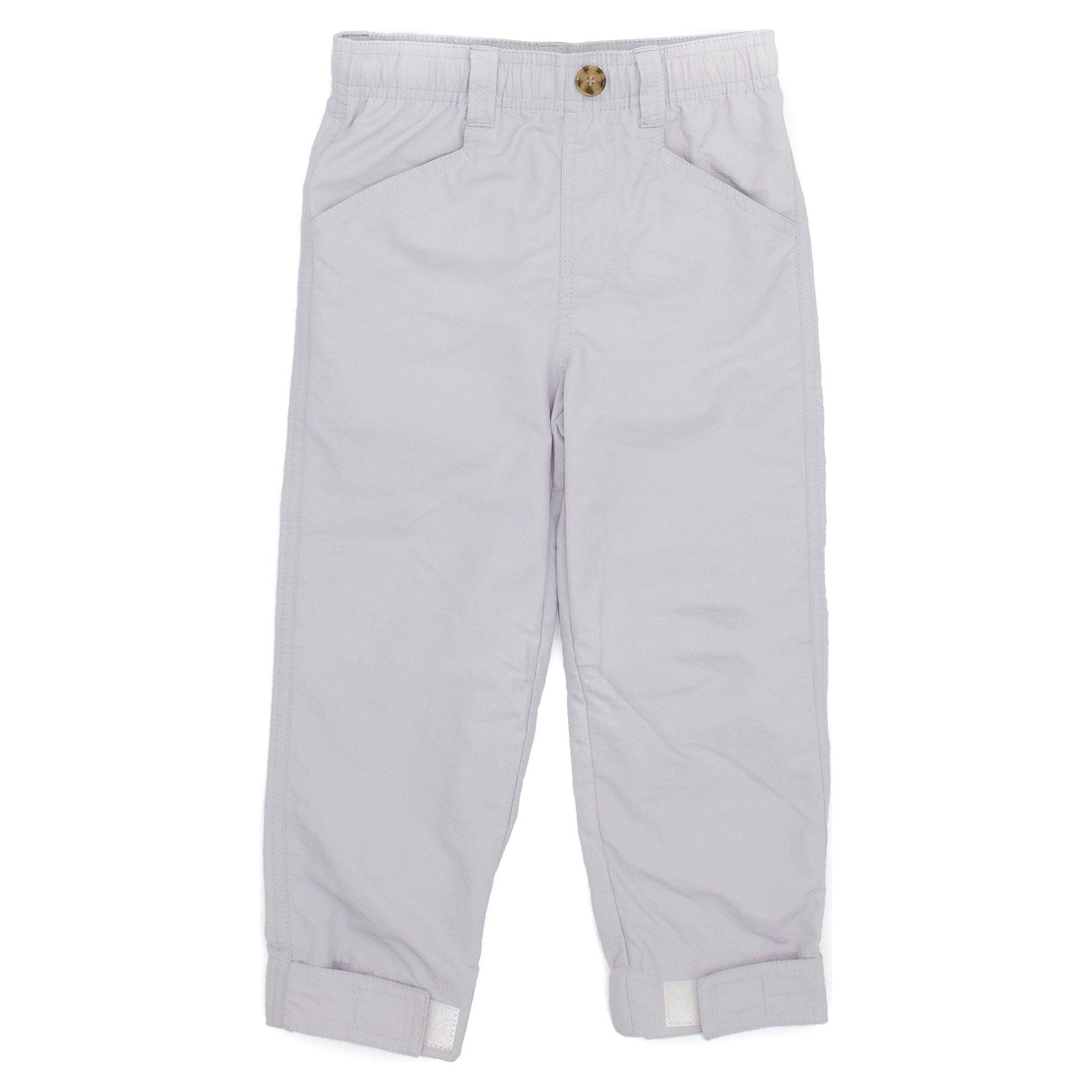 light grey lightweight pants with drawstring waist and velcro at the ankles