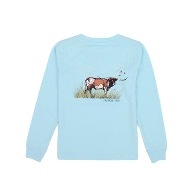 light blue long sleeve tee with orange and white longhorn graphic