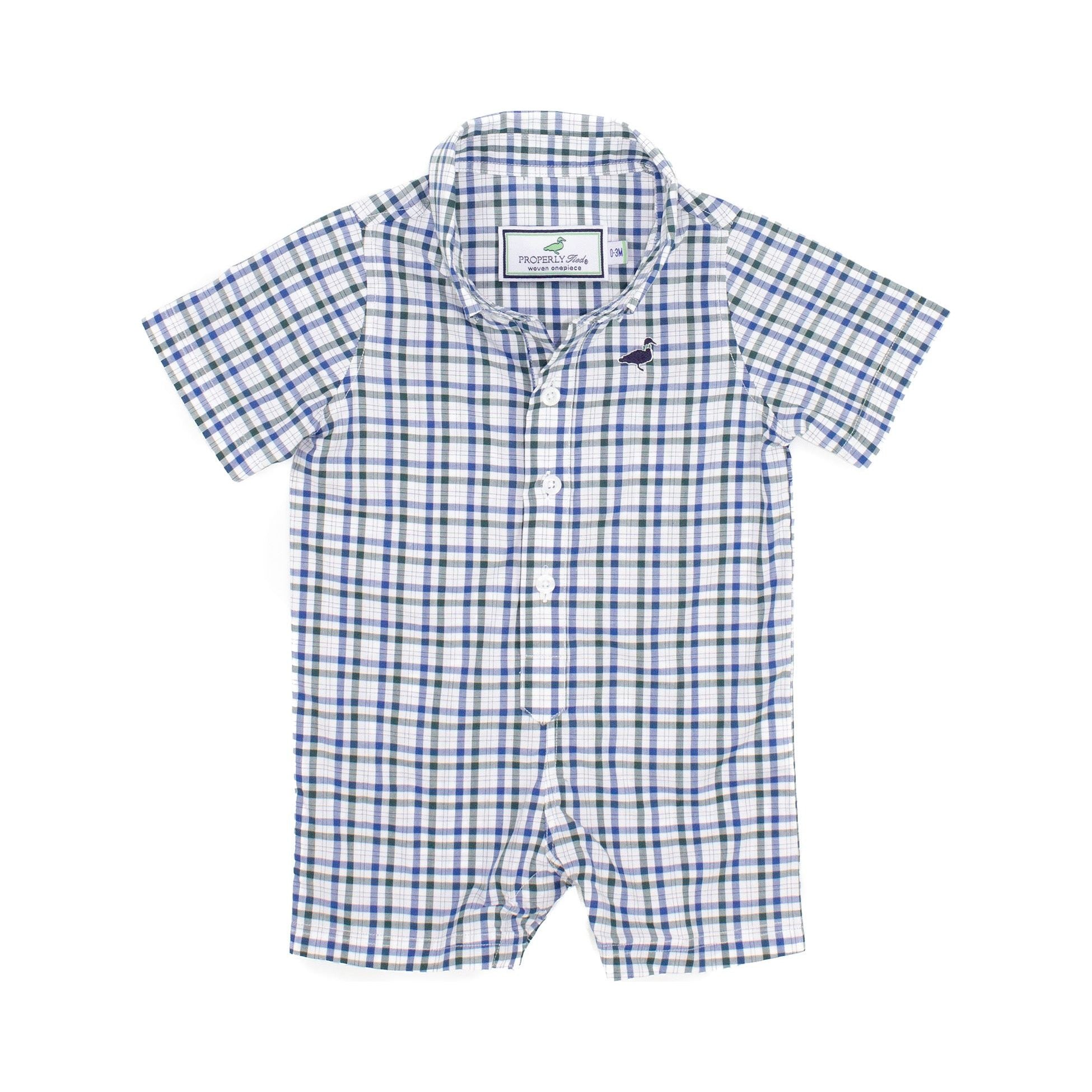 short sleeve collared button down in white, green and blue plaid