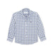 button up long sleeve sportshirt with white, green and navy blue plaid