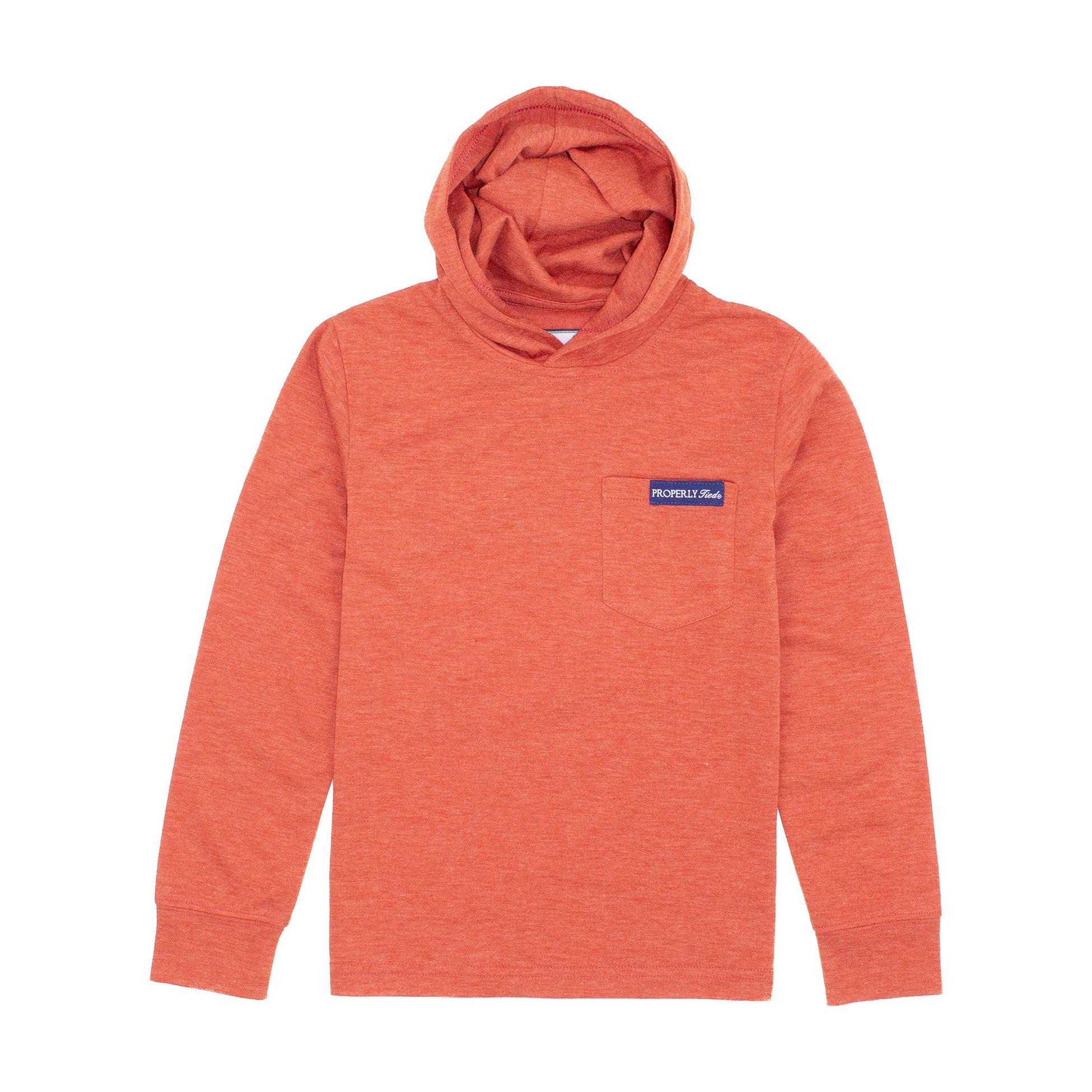 rust colored hoodie with left chest pocket
