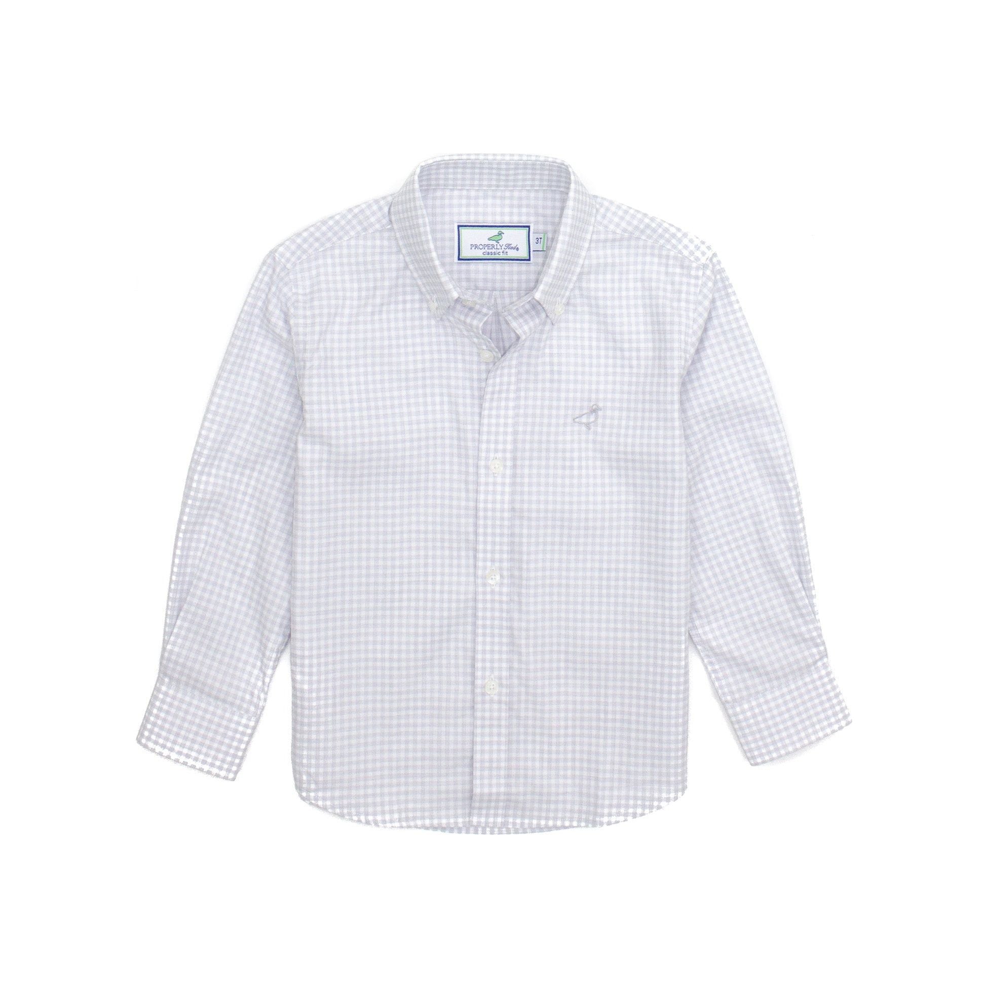 light grey and white checked button down sportshirt with gray mallard logo on left chest