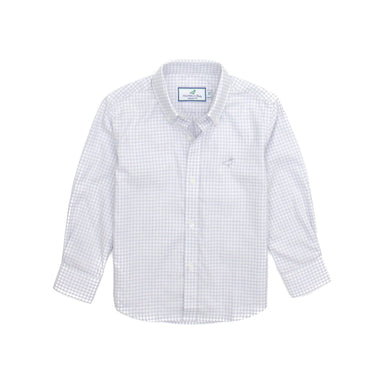 light grey and white checked button down sportshirt with gray mallard logo on left chest
