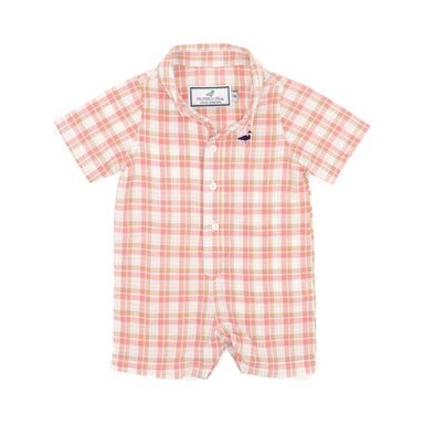 collared short sleeve button down shortall in white and terracotta colored plaid