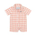collared short sleeve button down shortall in white and terracotta colored plaid