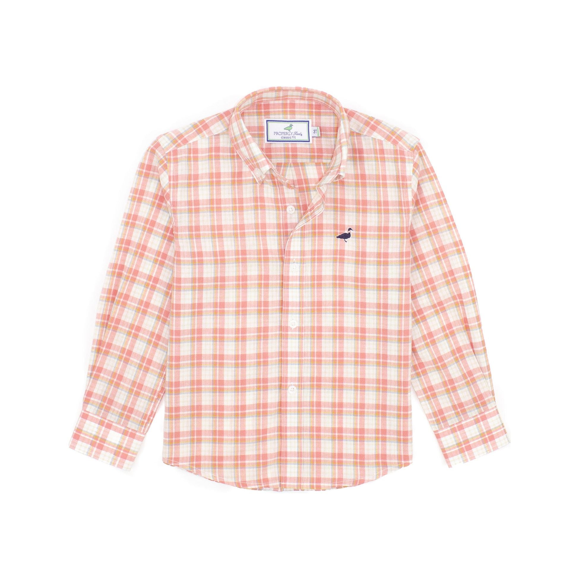 button up long sleeve sportshirt with orange and white plaid