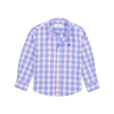 button up long sleeve sportshirt with blue. white and red plaid
