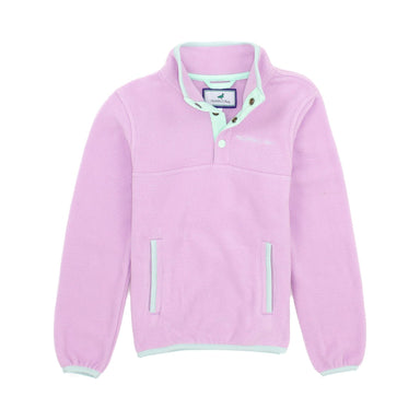 purple fleece pullover with light blue trim and buttons