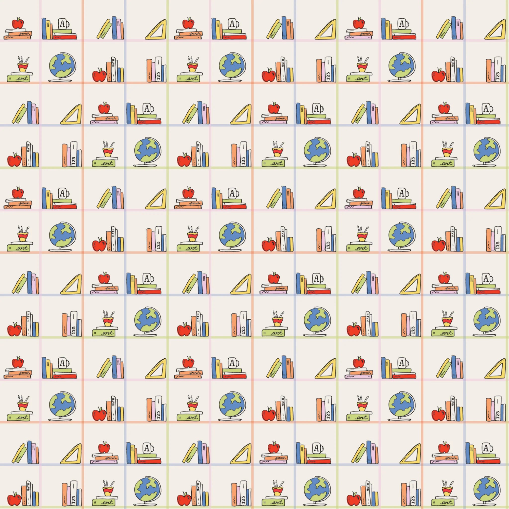 A repeating school-themed pattern featuring books, apples, globes, pencils, and triangular rulers arranged in a grid on a light cream background.