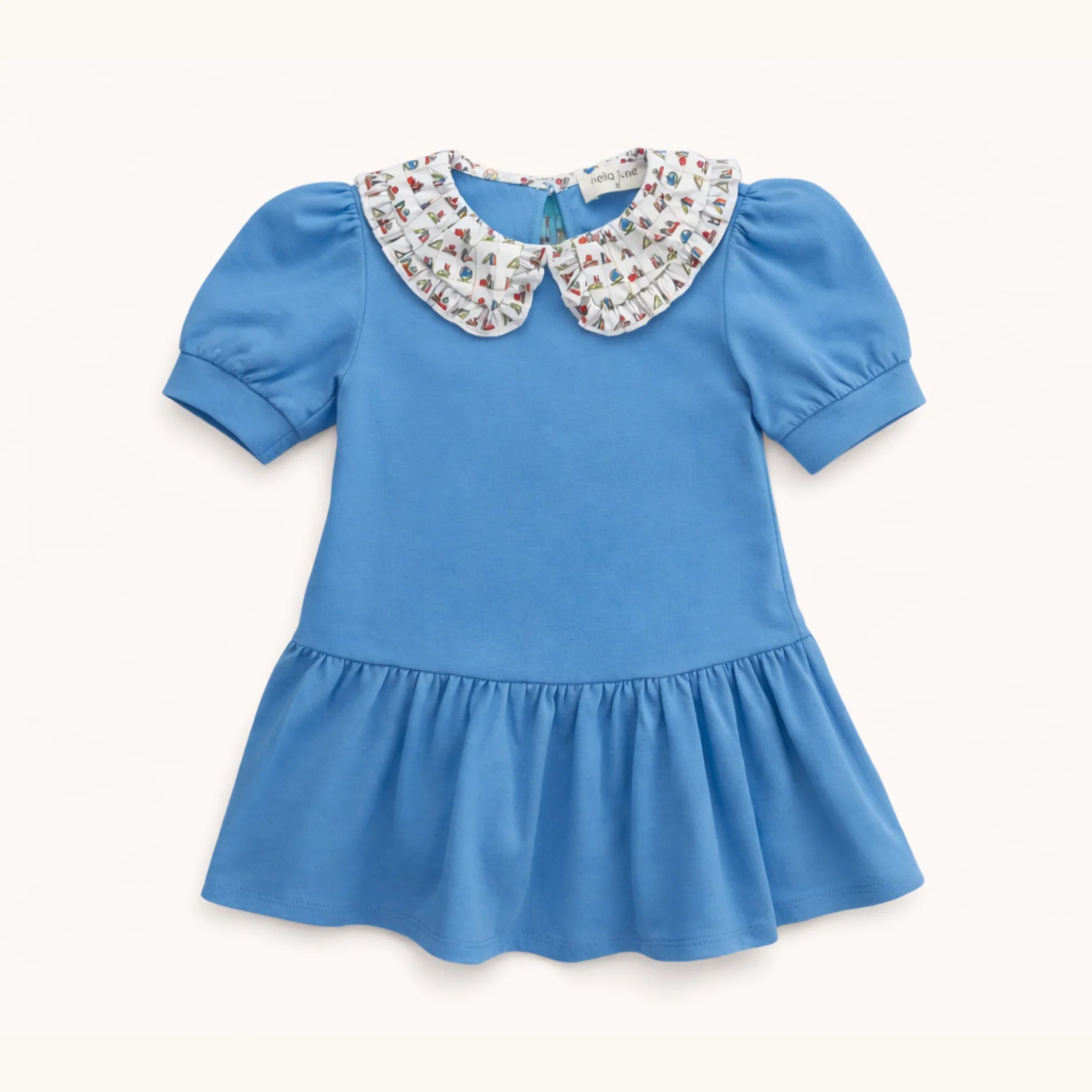Blue dress with a patterned collar on a white background