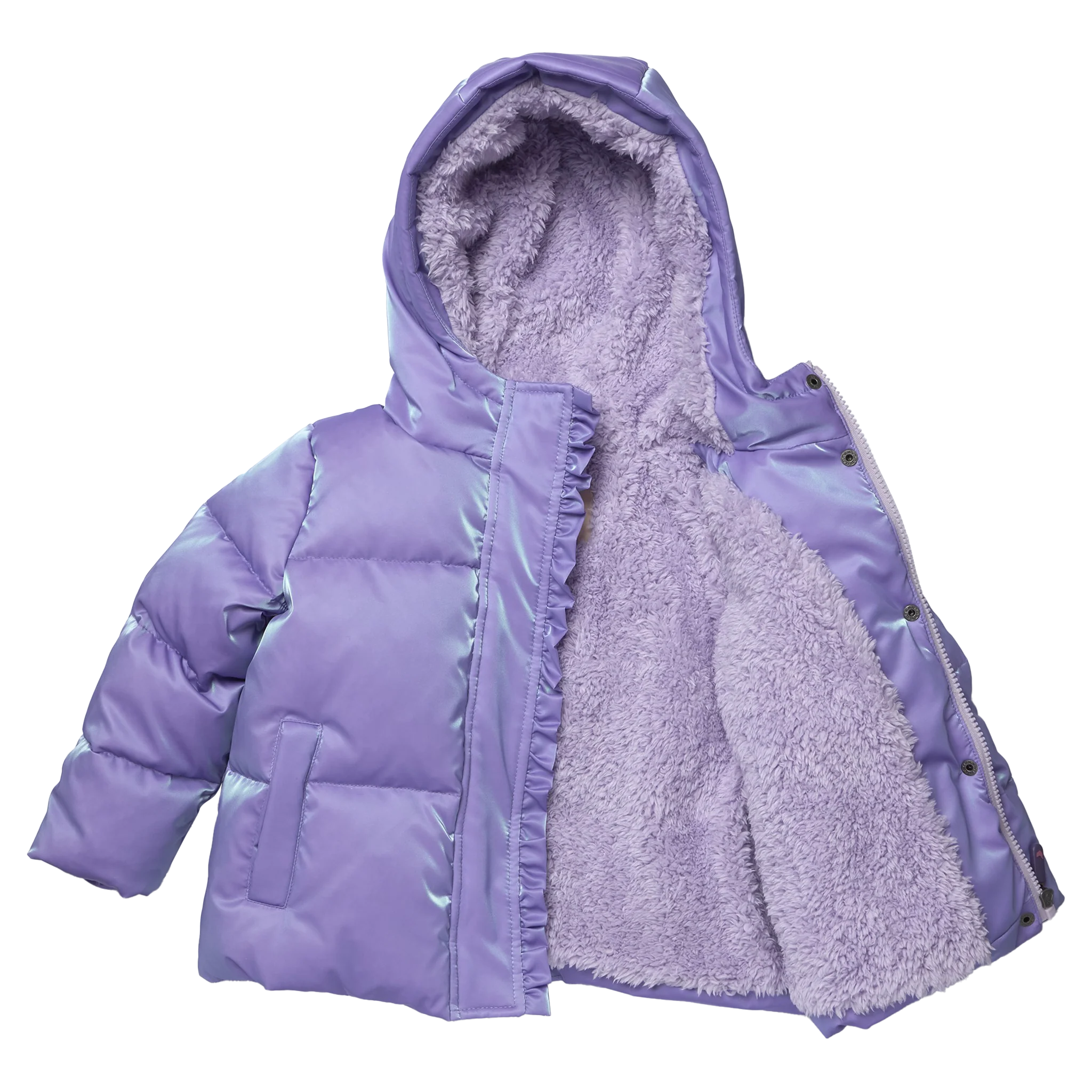 A children's lavender purple puffer jacket with a plush faux-fur lined hood, ruffled trim along the front placket, and front flap pockets, shown against a plain white background.
