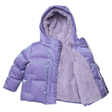 A children's lavender purple puffer jacket with a plush faux-fur lined hood, ruffled trim along the front placket, and front flap pockets, shown against a plain white background.