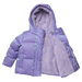 A children's lavender purple puffer jacket with a plush faux-fur lined hood, ruffled trim along the front placket, and front flap pockets, shown against a plain white background.
