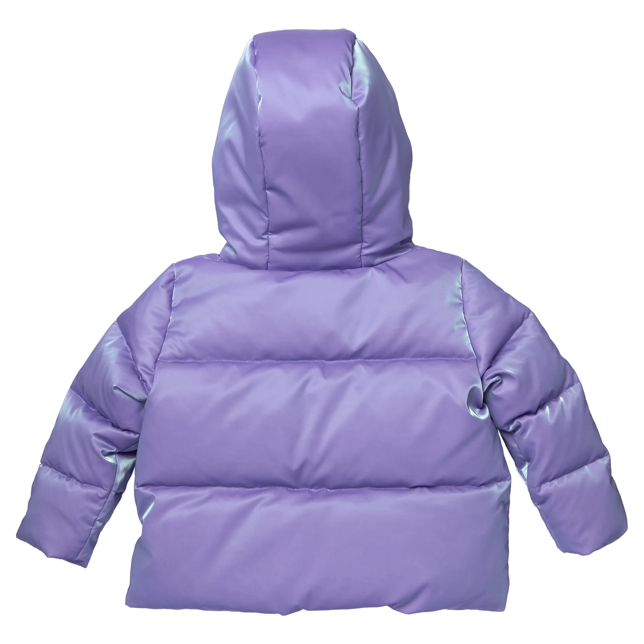 The back of a children's lavender purple puffer jacket, shown against a plain white background.