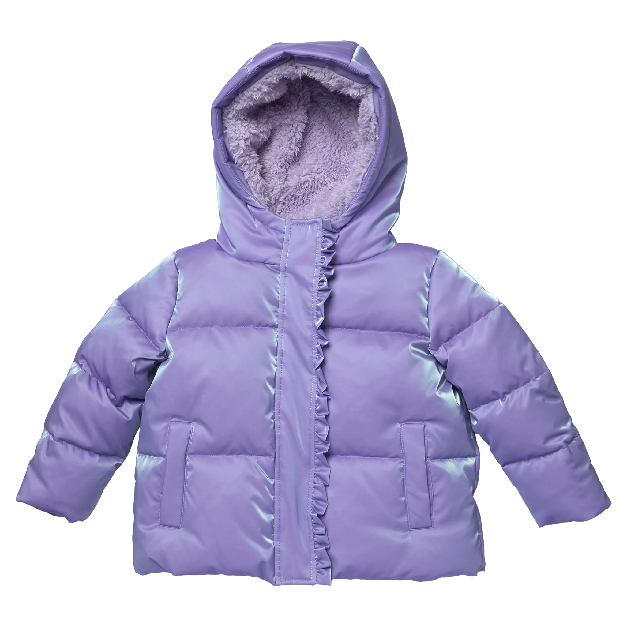 A children's lavender purple puffer jacket with a plush faux-fur lined hood, ruffled trim along the front placket, and front flap pockets, shown against a plain white background.