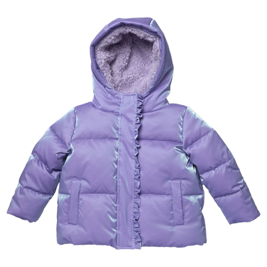 A children's lavender purple puffer jacket with a plush faux-fur lined hood, ruffled trim along the front placket, and front flap pockets, shown against a plain white background.