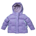 A children's lavender purple puffer jacket with a plush faux-fur lined hood, ruffled trim along the front placket, and front flap pockets, shown against a plain white background.