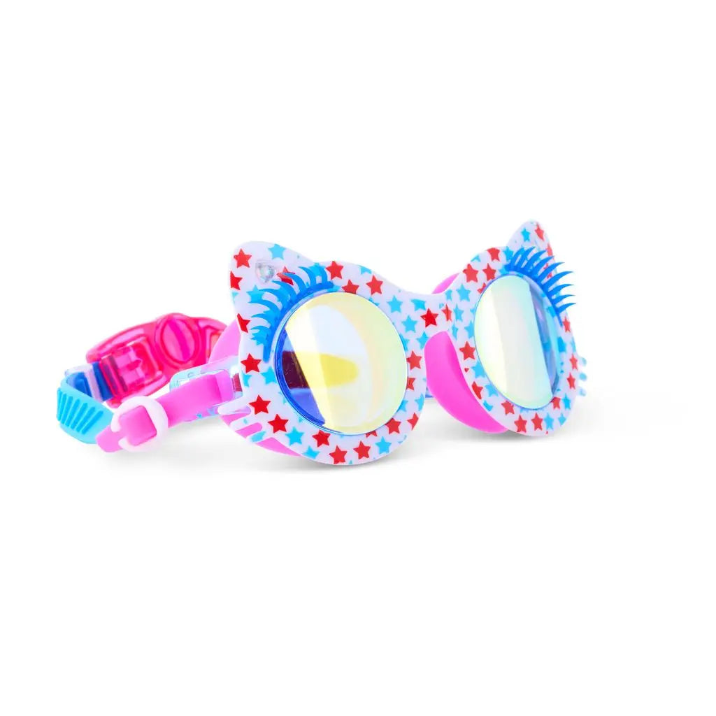 Colorful children's goggles with star pattern on a white background
