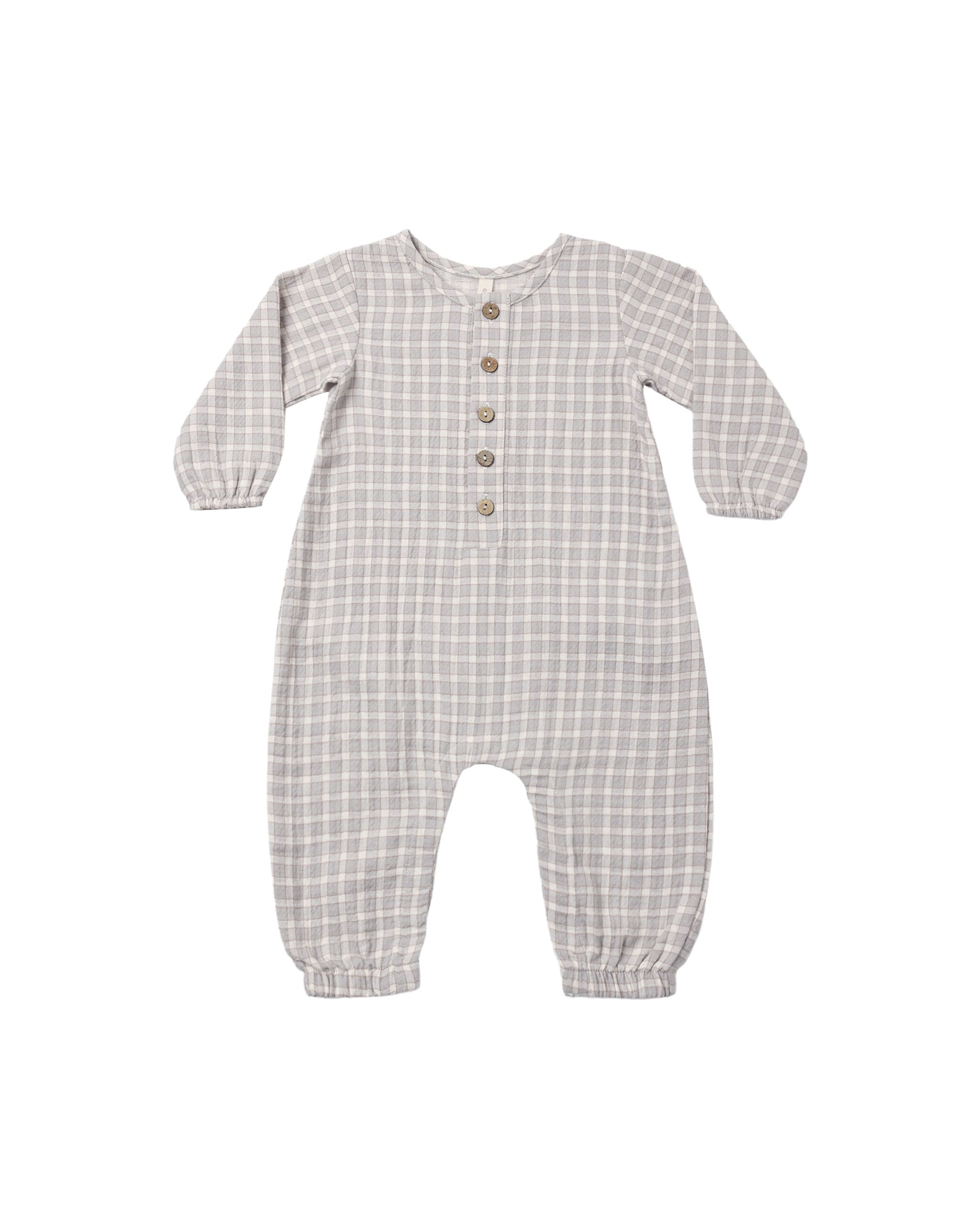 A baby long-sleeve footless one-piece romper in a blue gingham pattern, featuring a button-up front with brown buttons.