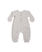 A baby long-sleeve footless one-piece romper in a blue gingham pattern, featuring a button-up front with brown buttons.