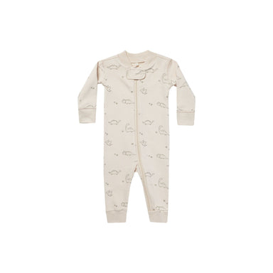 ivory colored zipper romper with dinosaur print