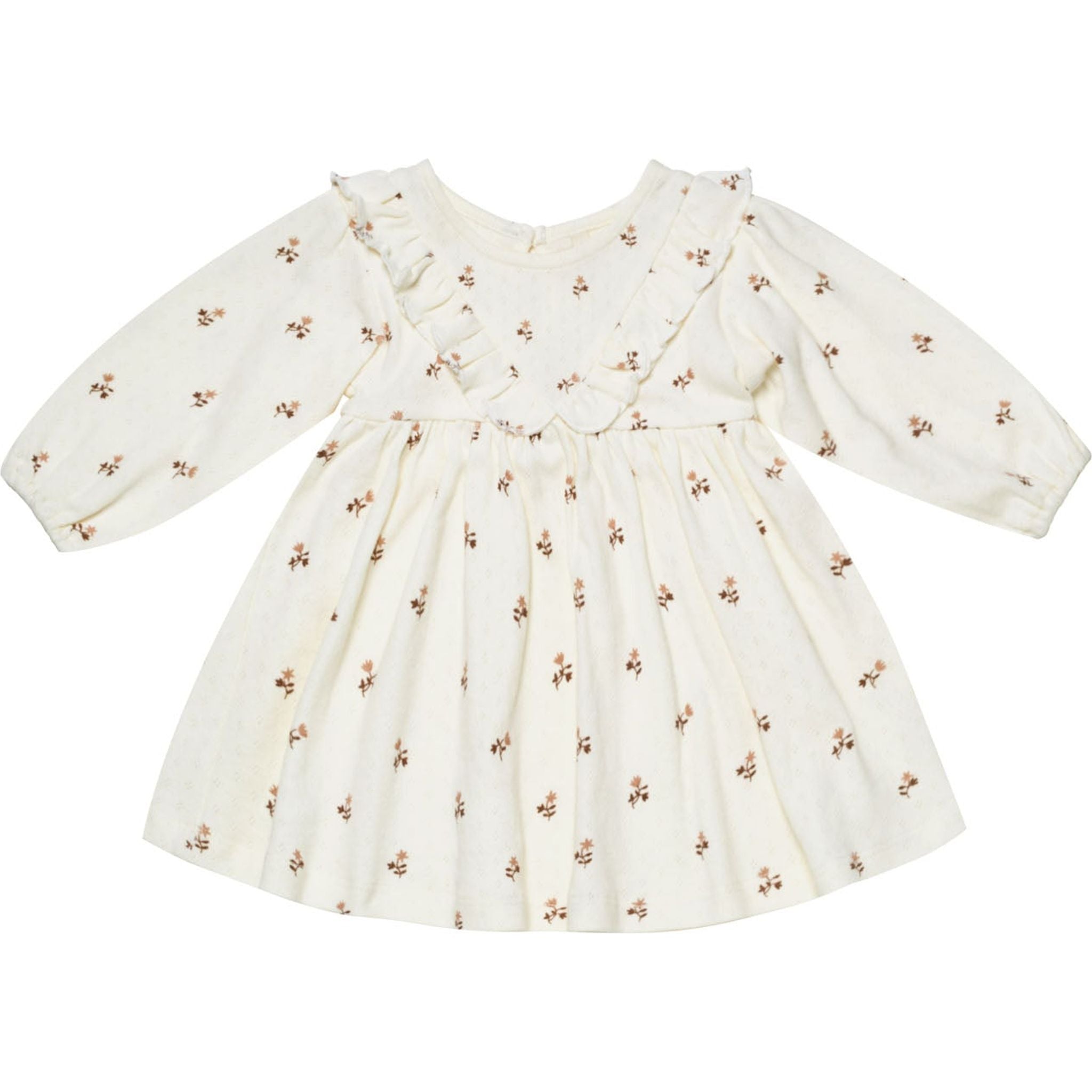 long sleeve ivory dress with fleur print and ruffle V detail
