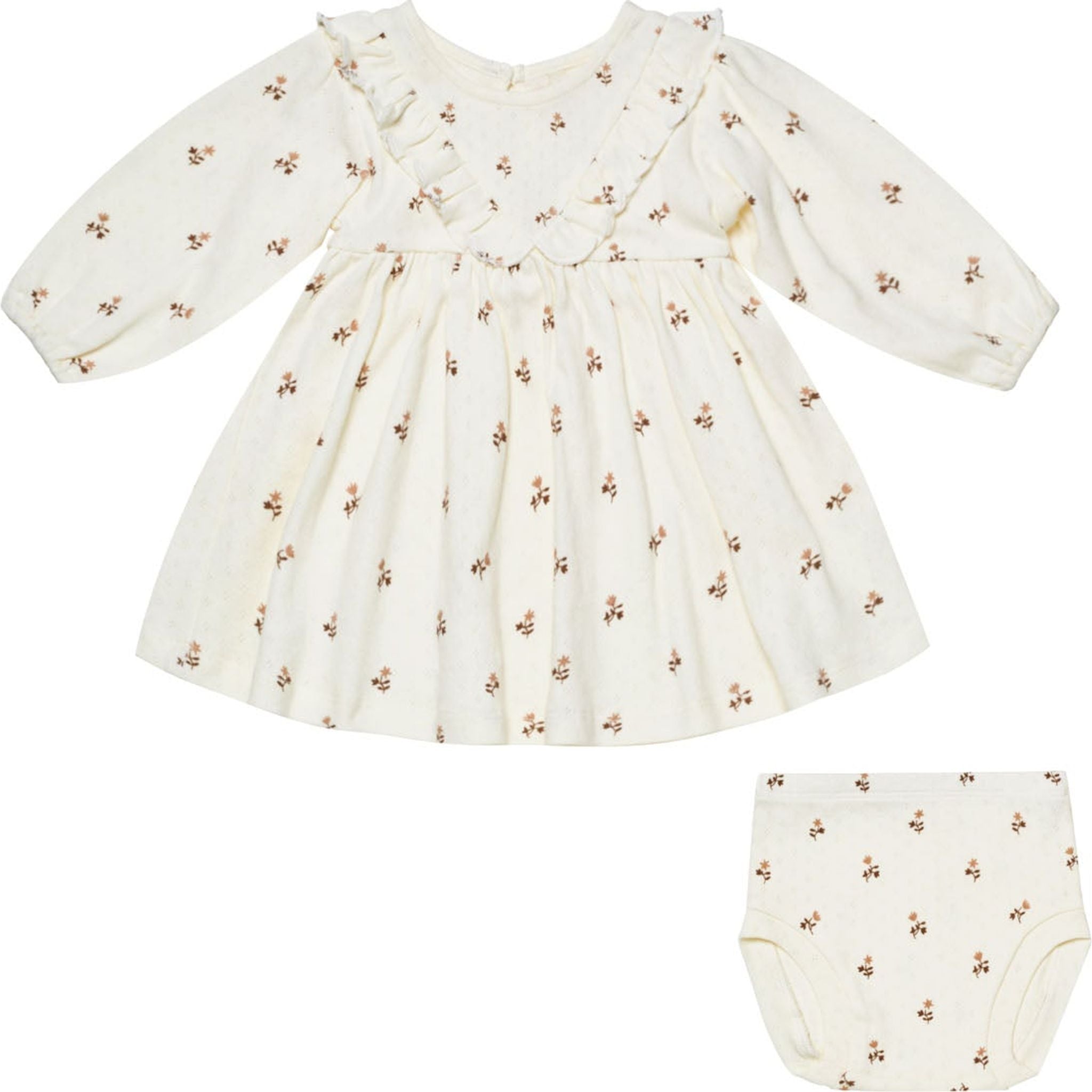 long sleeve ivory dress with fleur print and ruffle V detail and matching bloomers