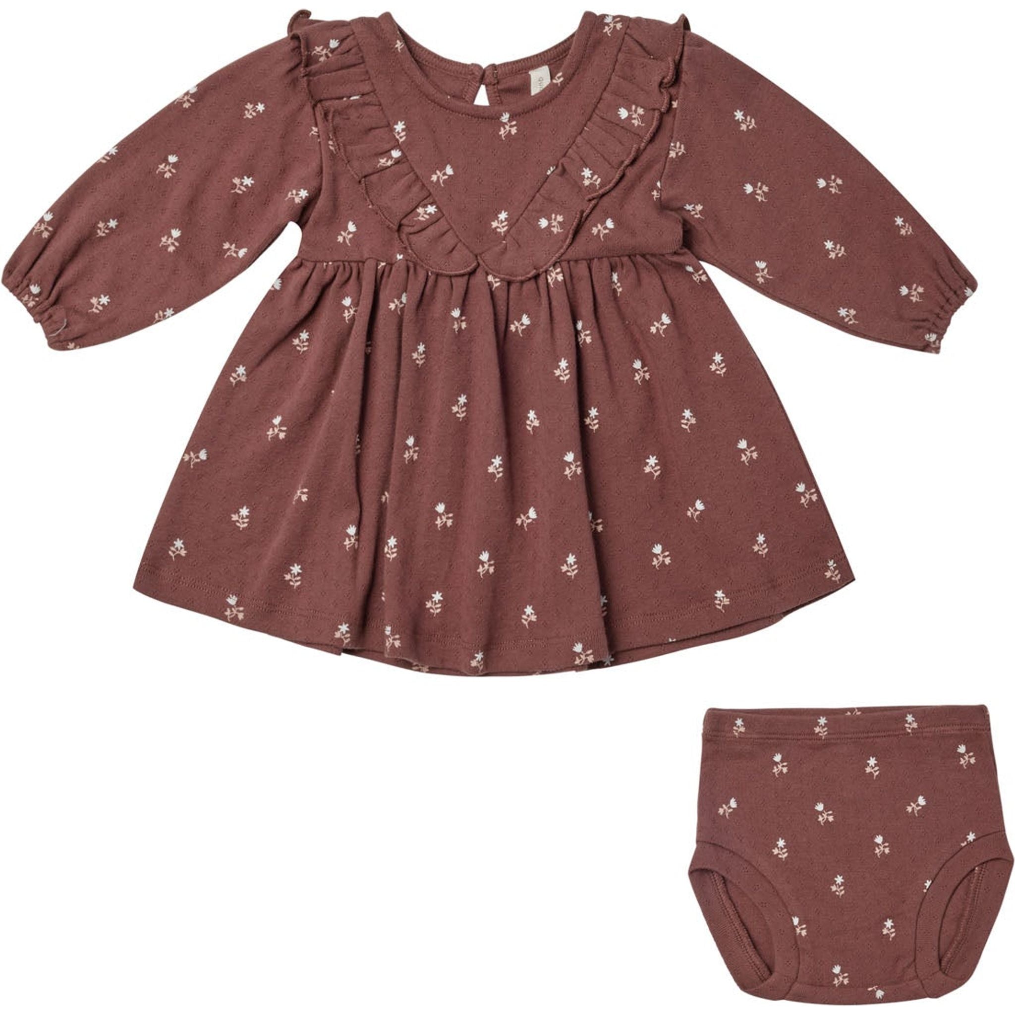 long sleeve dress with fleur print and ruffle V detail and matching bloomers