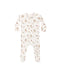 A baby long-sleeve footed sleeper in off-white with a repeating print of teddy bears, rocking horses, and small red hearts, shown flat against a white background.