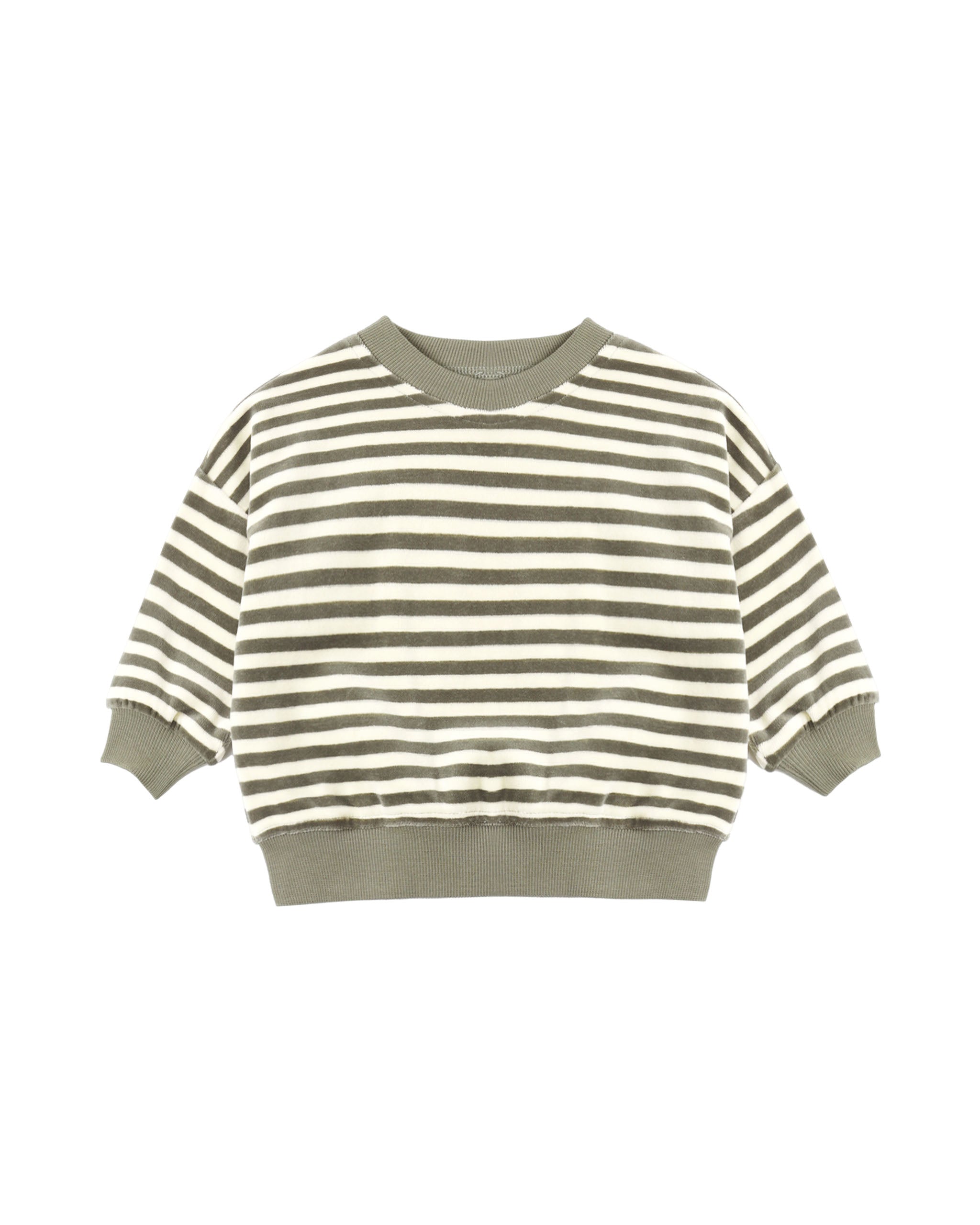 A children's crewneck sweatshirt with horizontal olive green and cream stripes, featuring ribbed cuffs, hem, and collar, displayed on a solid white background.
