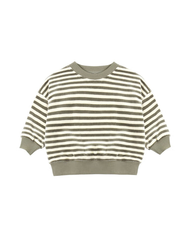 A children's crewneck sweatshirt with horizontal olive green and cream stripes, featuring ribbed cuffs, hem, and collar, displayed on a solid white background.