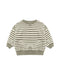 A children's crewneck sweatshirt with horizontal olive green and cream stripes, featuring ribbed cuffs, hem, and collar, displayed on a solid white background.