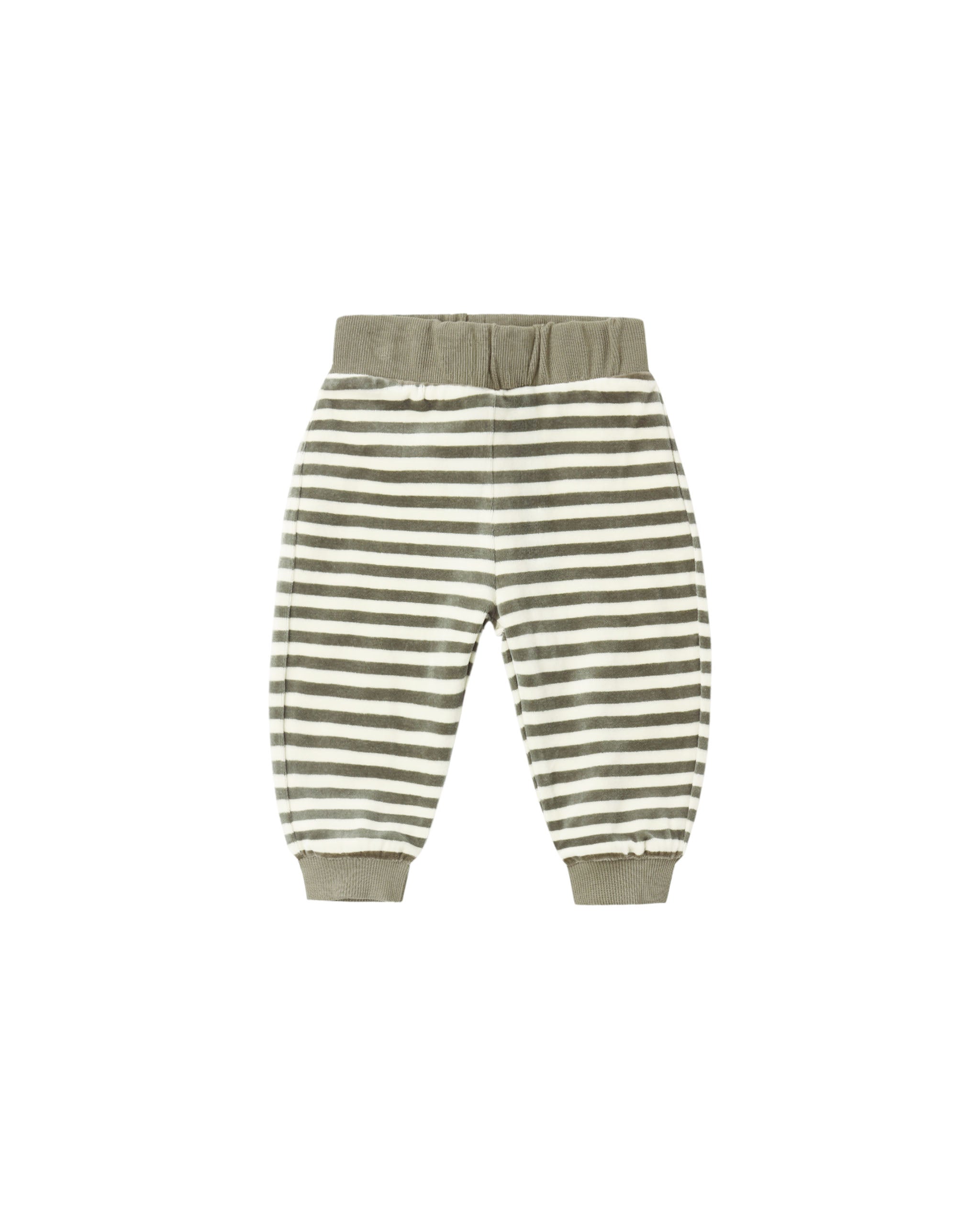 A pair of children's jogger pants with horizontal olive green and off-white stripes, featuring an elastic waistband and ribbed ankle cuffs, shown against a plain white background.