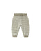 A pair of children's jogger pants with horizontal olive green and off-white stripes, featuring an elastic waistband and ribbed ankle cuffs, shown against a plain white background.